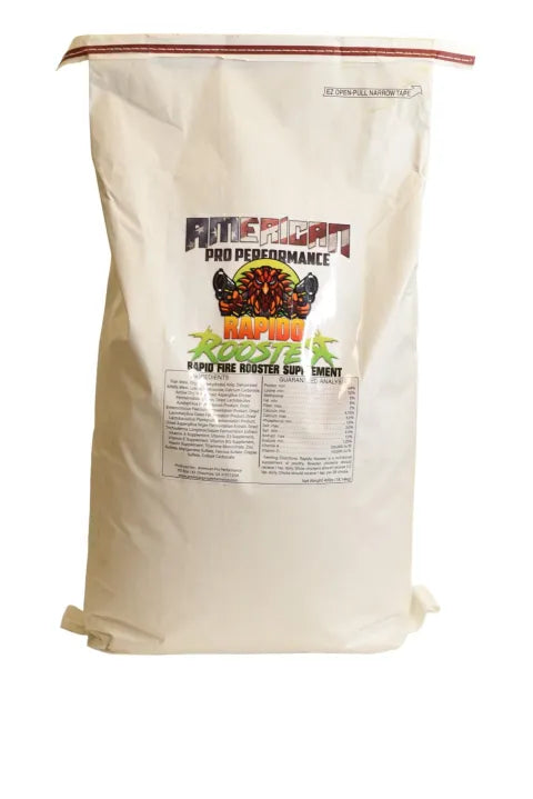 A white bag of Rapido Ultimate Lower 48 gamefowl supplement with product information and branding on the label.