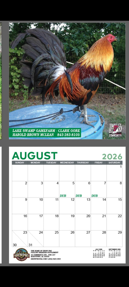 Calendar for August 2026 featuring a rooster on a blue platform with a green background.